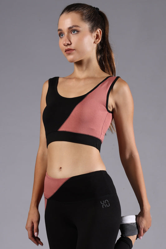 Uncuvr Old Rose & Black Panelled Bamboo Sports Bra: Elegance Meets Eco-Friendly Performance