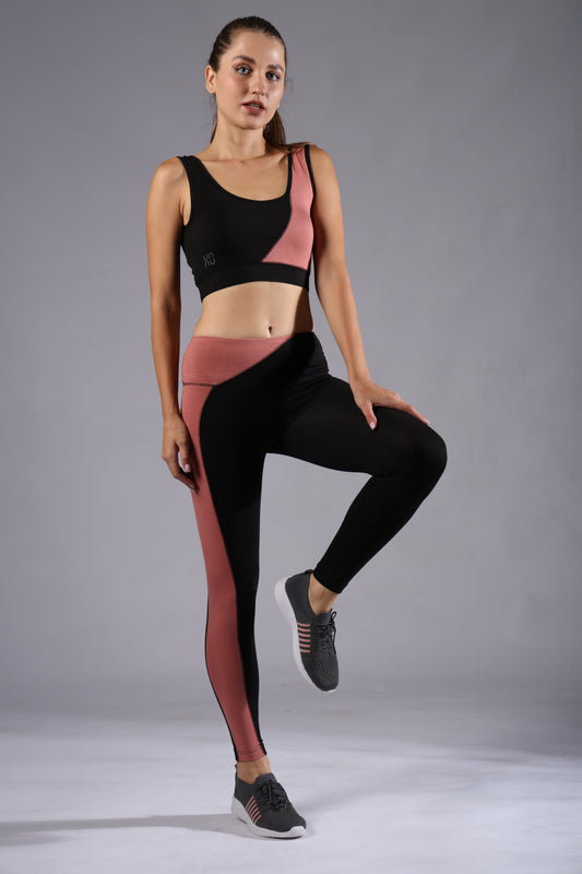 Uncuvr Old Rose & Black Panelled Bamboo Leggings: Bold, Stylish and Eco-Conscious Performance