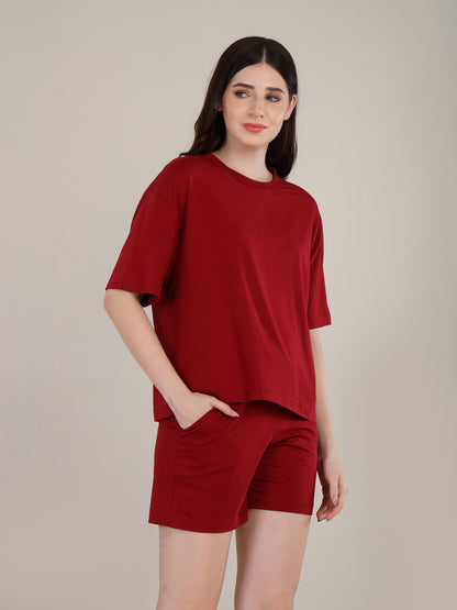 Uncuvr Deep Red Bamboo Sleepwear Shorts Set: Relax in Eco-Friendly Comfort